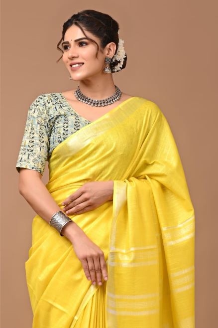 Lemon Yellow Linen saree