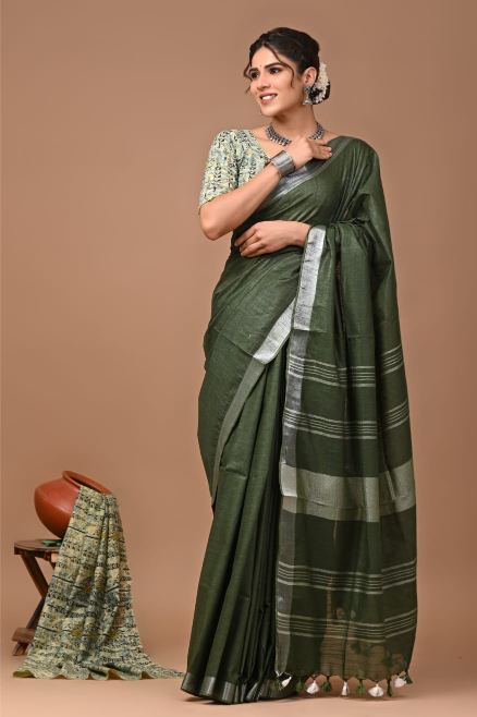 Moss green linen saree