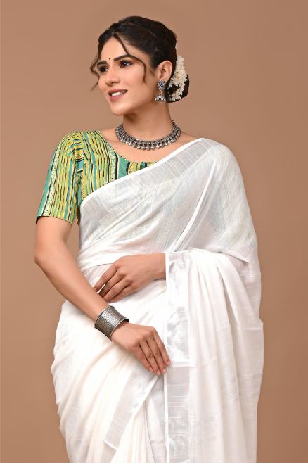 Milky White Linen Saree