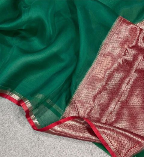 Emerald green Organza Silk saree