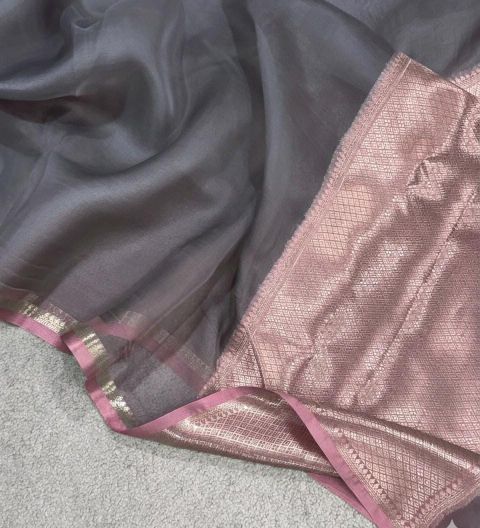 Stone Grey Organza Silk Saree