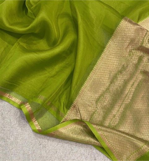Lime Green Organza Silk Saree