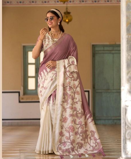Dusty Rose Handpainted Silk Saree