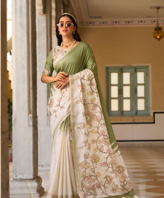 Sage & Ivory Floral Meadow Summer Saree – Hand-Painted vegan Silk with Intricate Kalamkari-Inspired Border