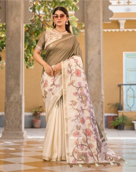 Beige Brown Handpainted Silk Saree