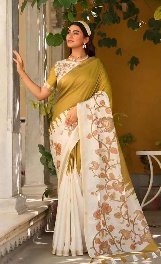 Olive Green Handpainted Silk Saree