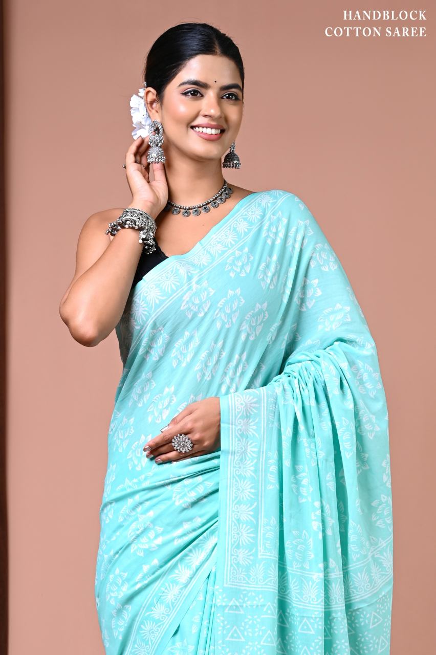 Neon Cyan Mul Cotton Saree