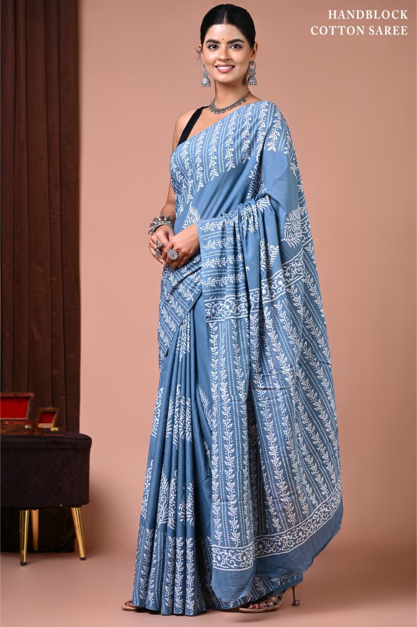 Slate blue Mul cotton saree