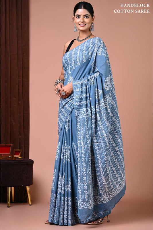 Slate blue Mul cotton saree
