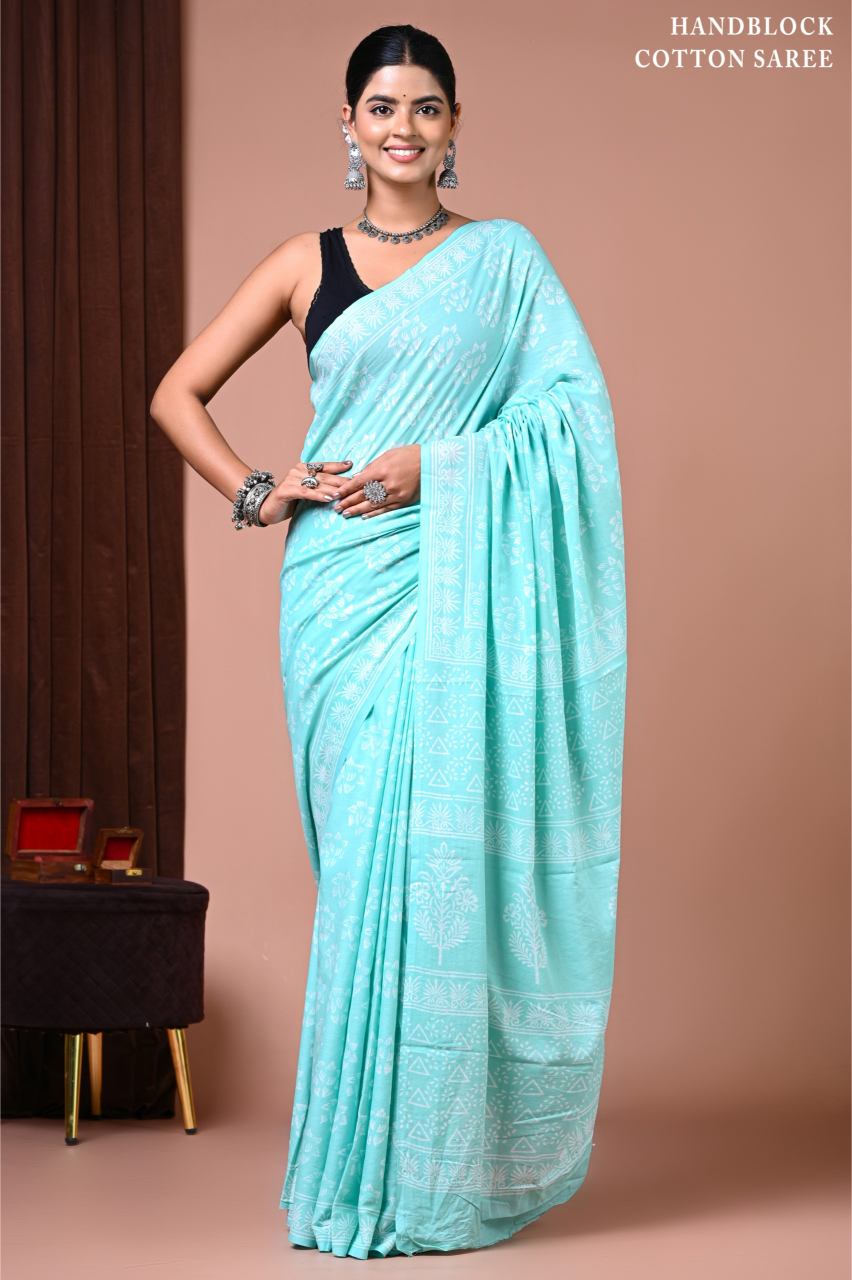Neon Cyan Mul Cotton Saree