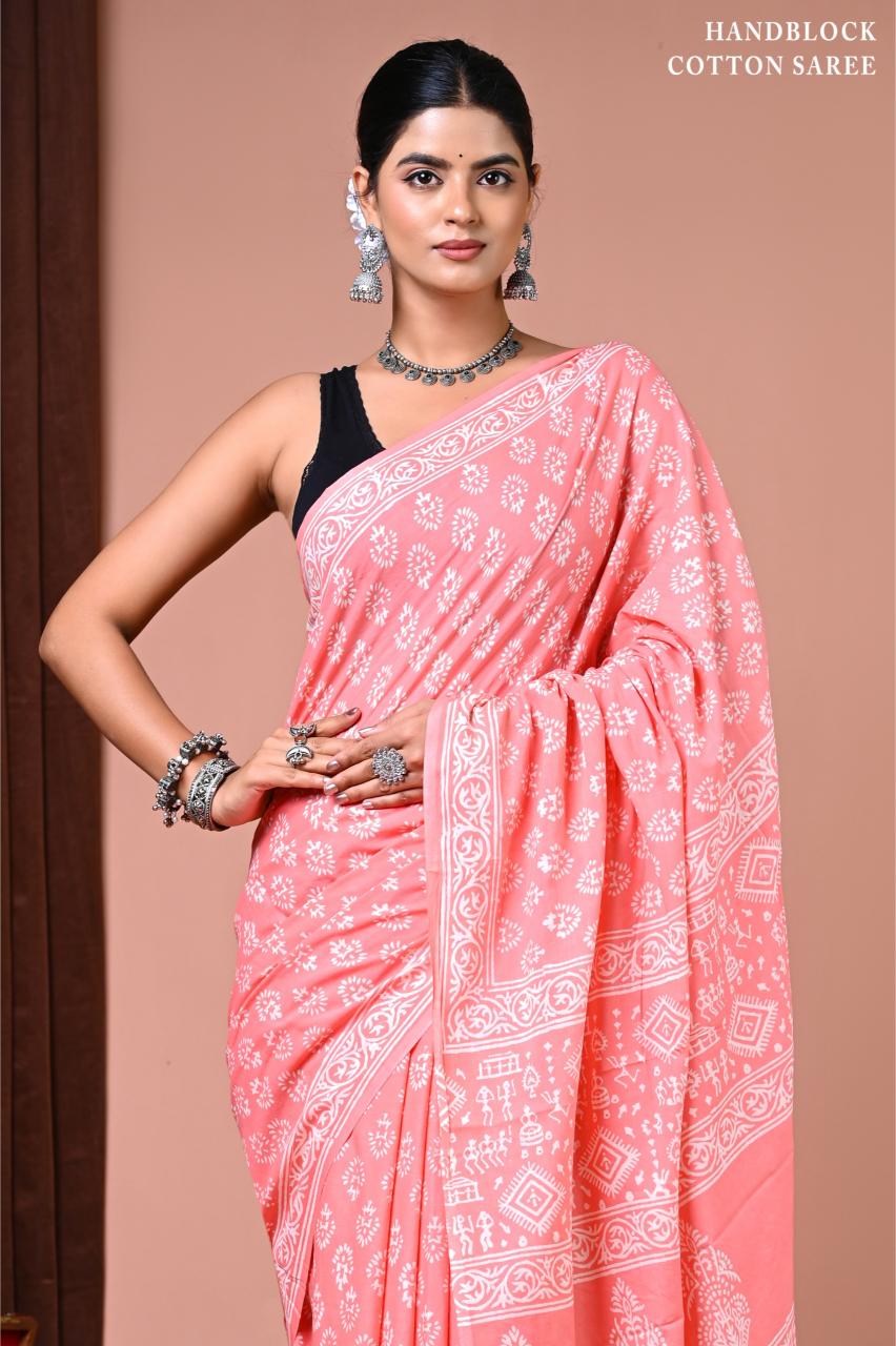 Peach Warli Mul Mul Cotton saree