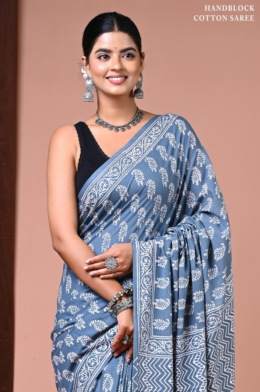 Paisley Slate blue Mul cotton saree