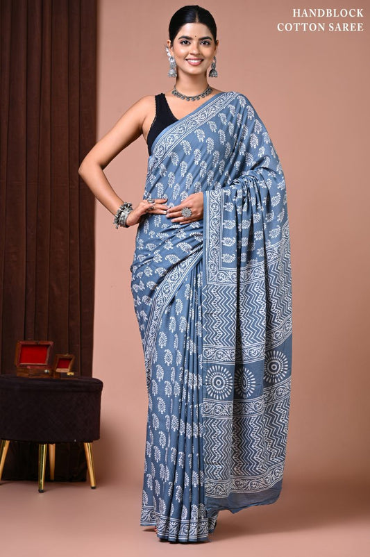 Paisley Slate blue Mul cotton saree