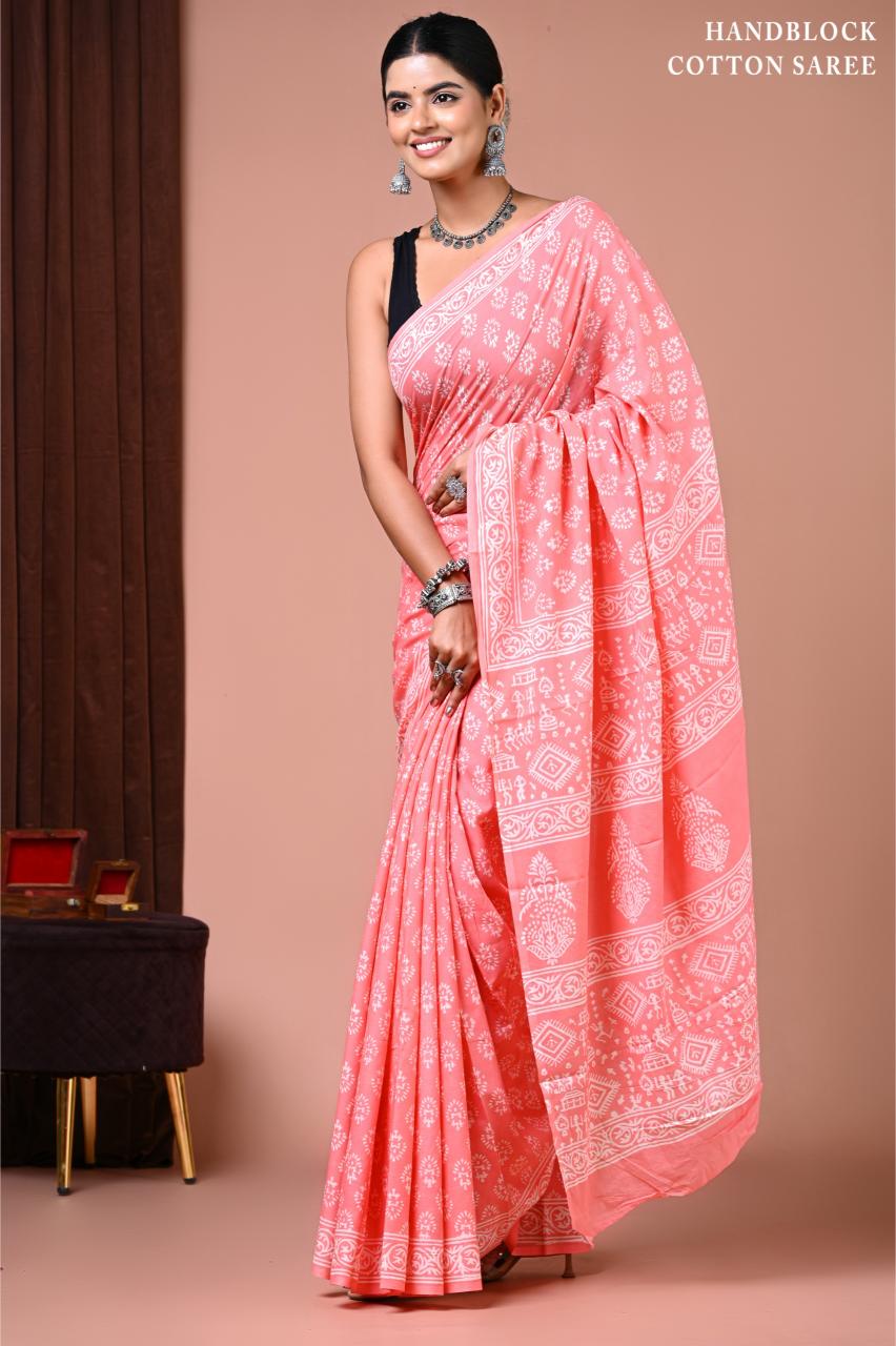 Peach Warli Mul Mul Cotton saree