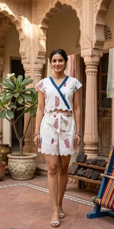 White Floral Shorts co-ord set for women