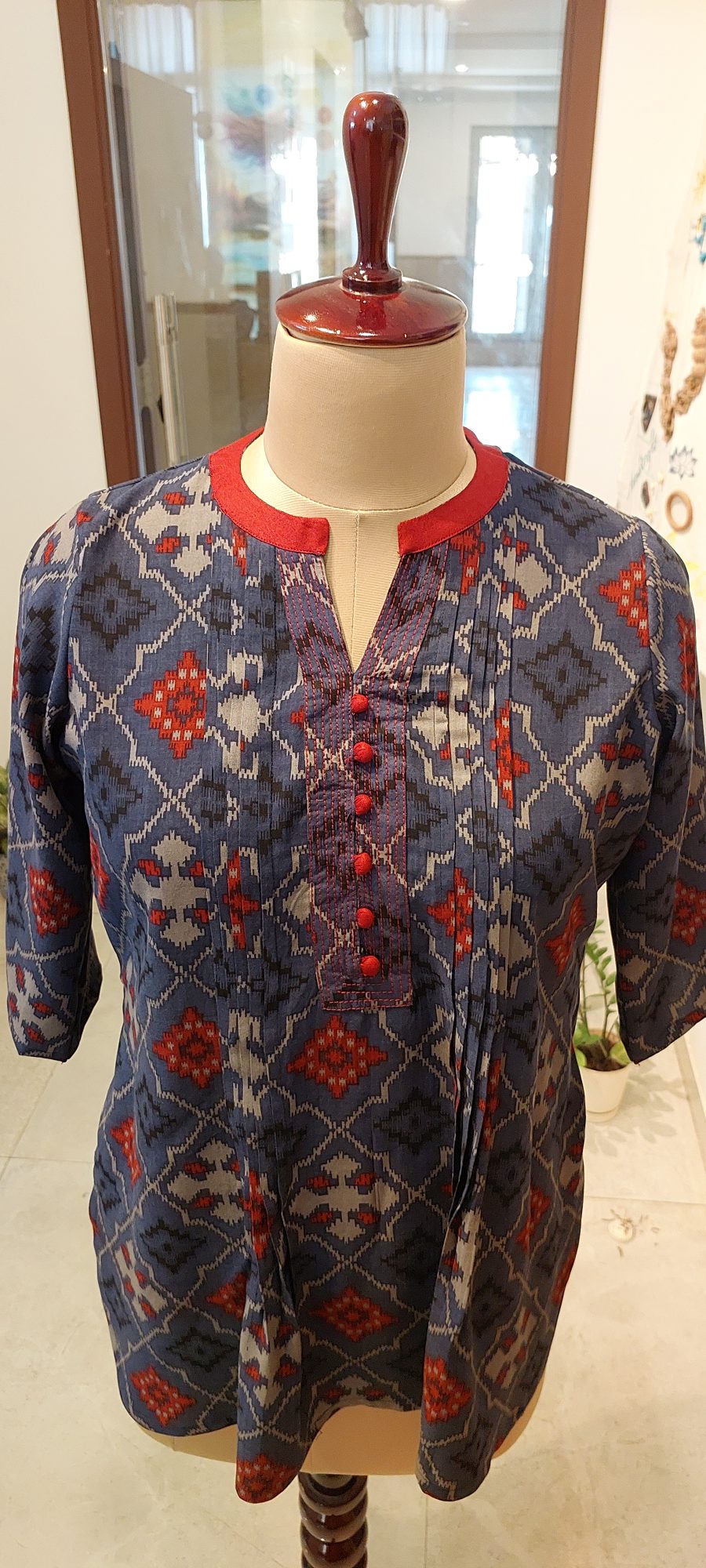 Ranga Chakra Midnight Blue Geometric pintuck Tunic top