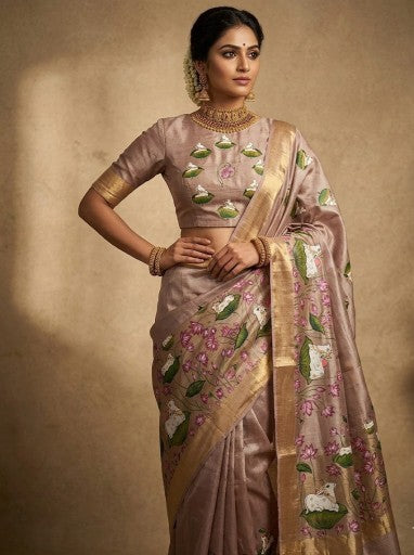 Ranga Chakra Pichwai Painted Beige Silk Saree