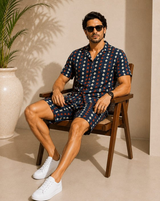 Geometric Pattern Men’s Cotton Co-ord Set