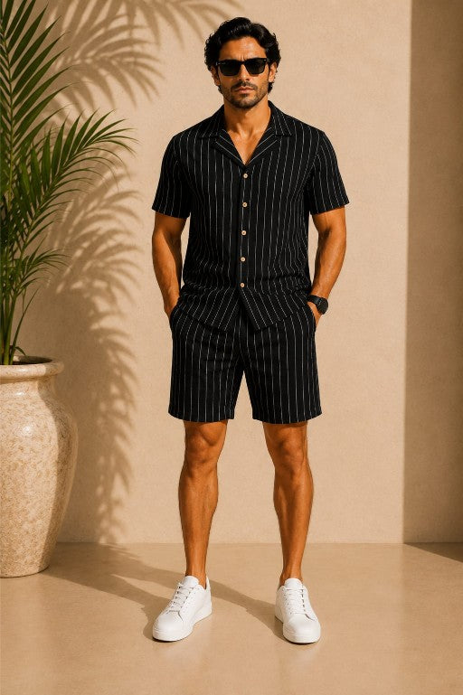 Black Striped Cotton Men's Co ord set