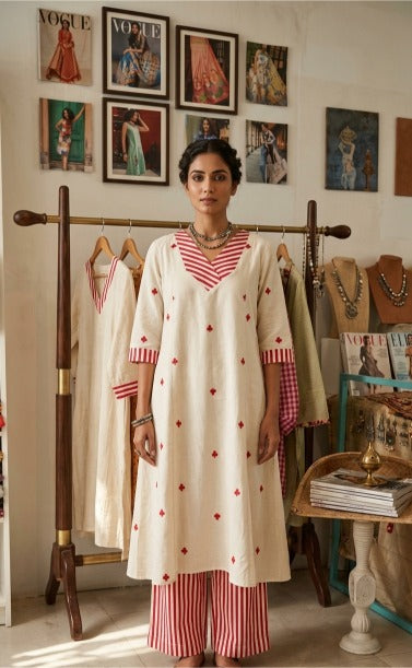 Red and White Handloom Cotton Co-ord Set