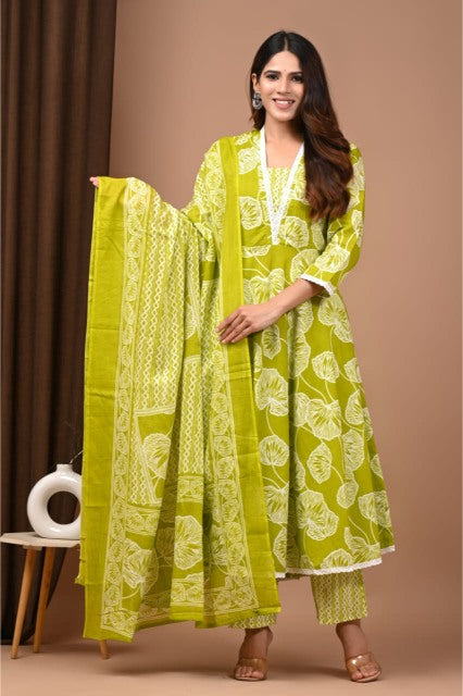 Olive Green Mul Cotton Anarkali Suits