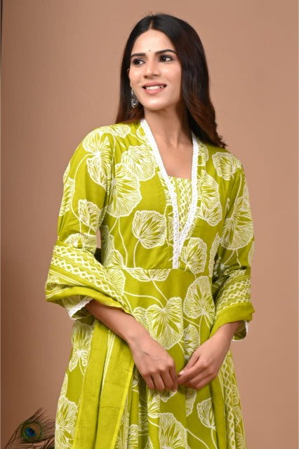 Olive Green Mul Cotton Anarkali Suits