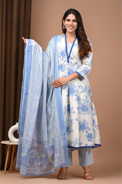 Pastel blue Cotton Anarkali Suit