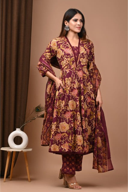 Brick red Mul Cotton Anarkali Suits
