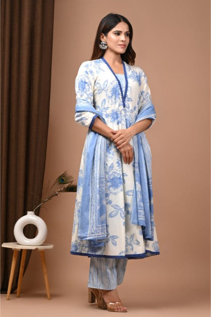 Pastel blue Cotton Anarkali Suit