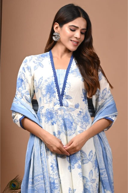Pastel blue Cotton Anarkali Suit