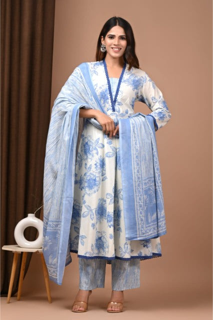 Pastel blue Cotton Anarkali Suit