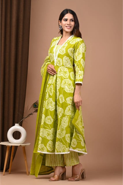 Olive Green Mul Cotton Anarkali Suits