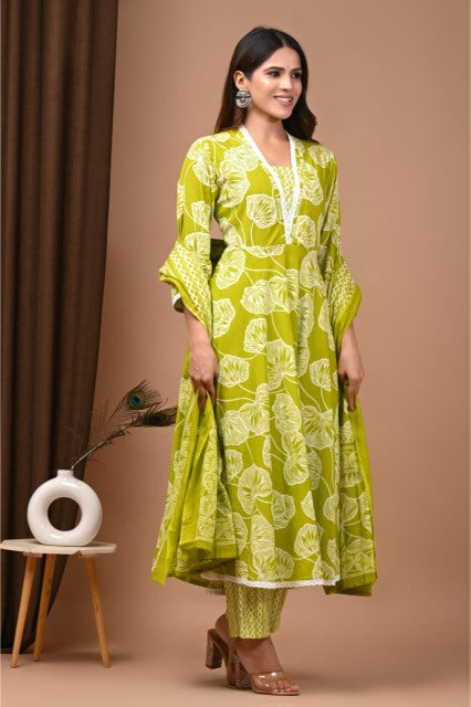 Olive Green Mul Cotton Anarkali Suits