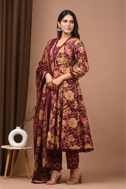 Brick red Mul Cotton Anarkali Suits