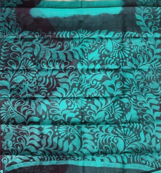 Teal Handpainted Batik Resham  Kota Check Saree