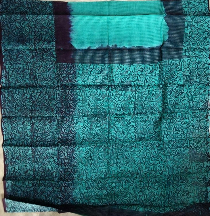 Teal Handpainted Batik Resham  Kota Check Saree