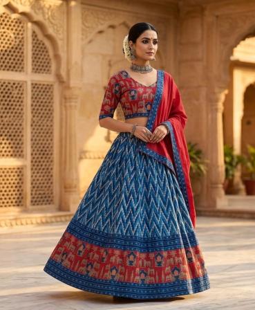 Pichwai Mul Cotton Lehenga Set in red and blue combo