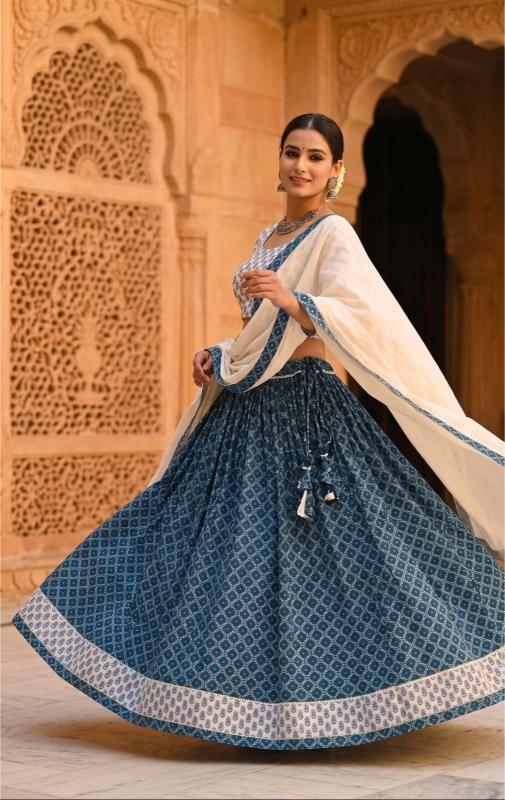 Mul Cotton Lehenga Set white and Indigo