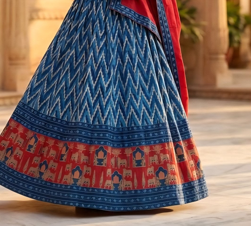 Pichwai Mul Cotton Lehenga Set in red and blue combo