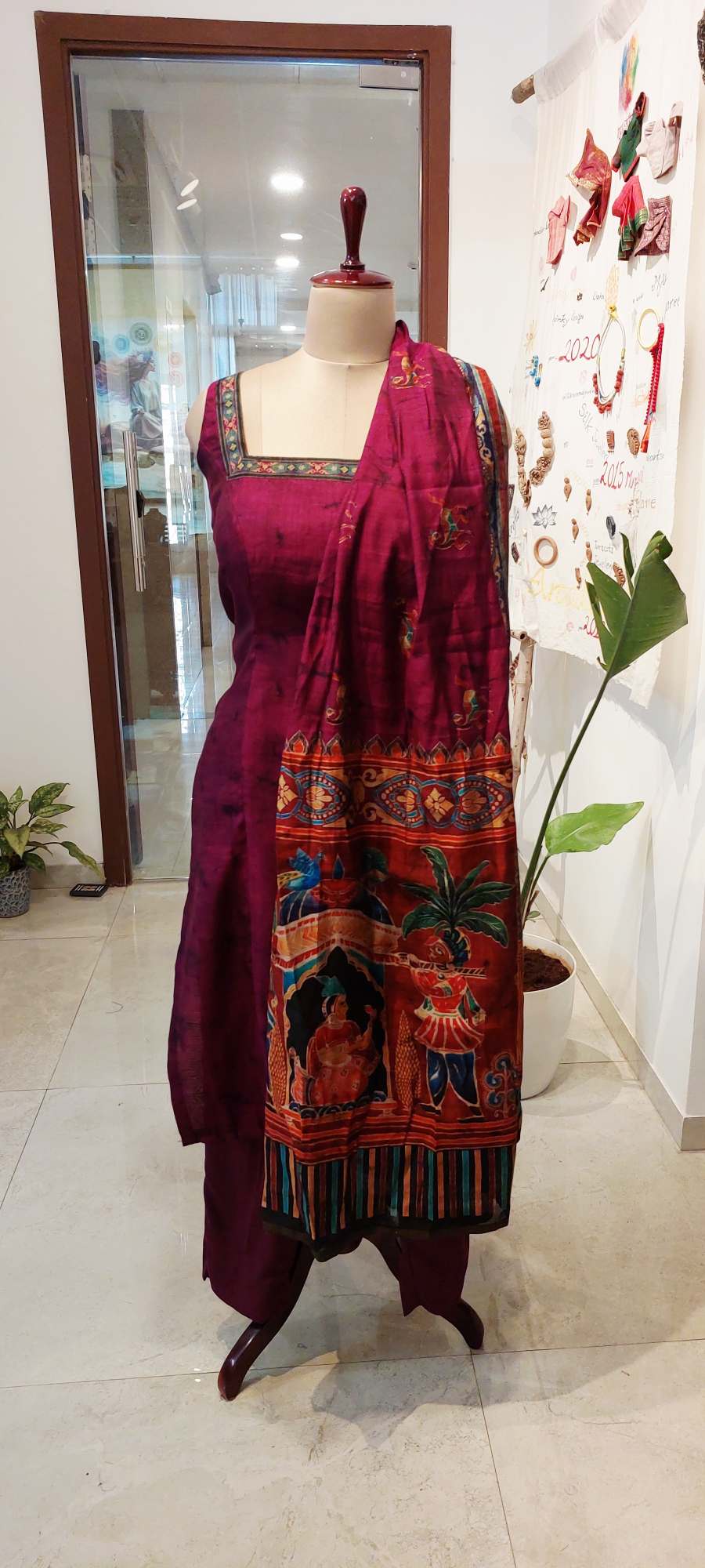 Deep Magenta Maheshwari Silk Set with Criss-Cross Back Detail |Festive Wear