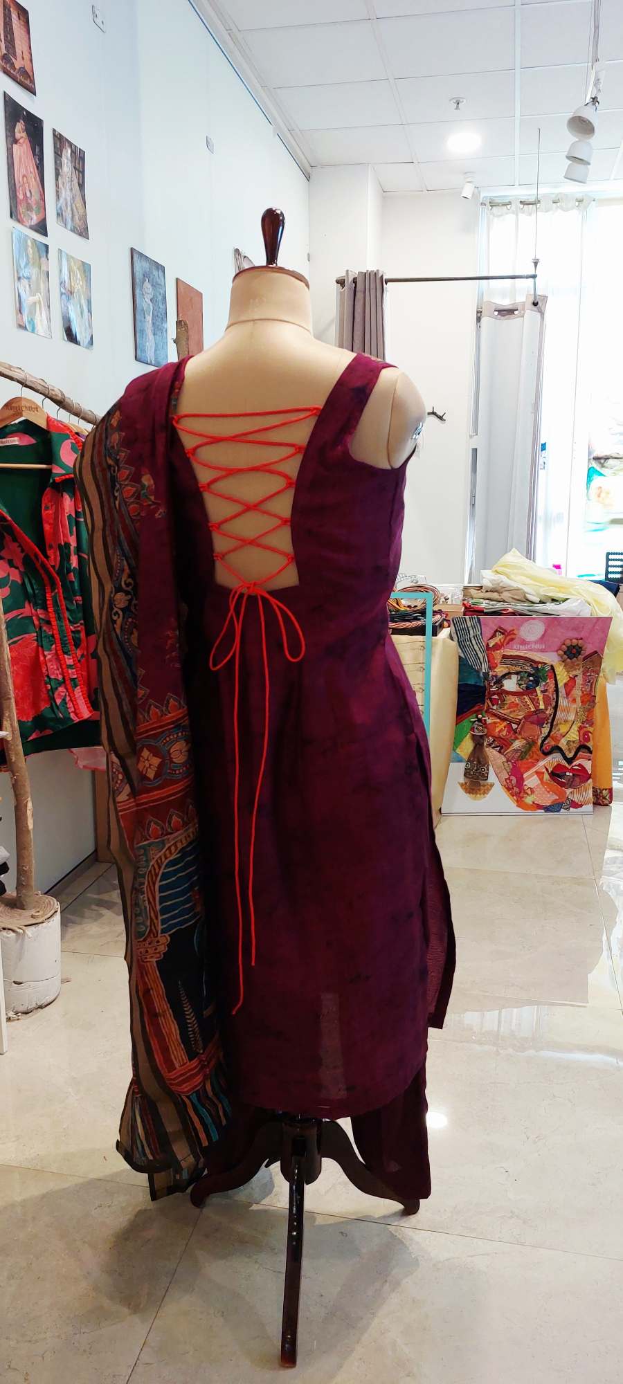 Deep Magenta Maheshwari Silk Set with Criss-Cross Back Detail |Festive Wear