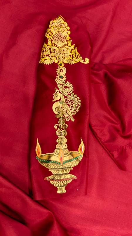 Ranga Chakra Handpainted Tanjore Brass Diya Red Silk Blouse