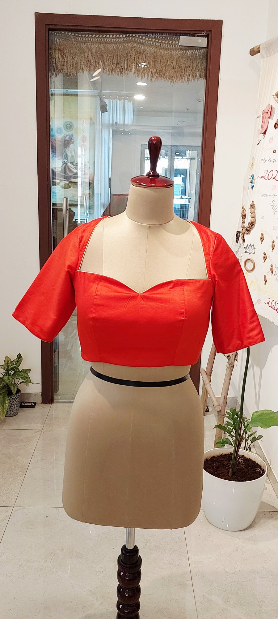Tomato Red Glaze Cotton Sweetheart Neck Blouse