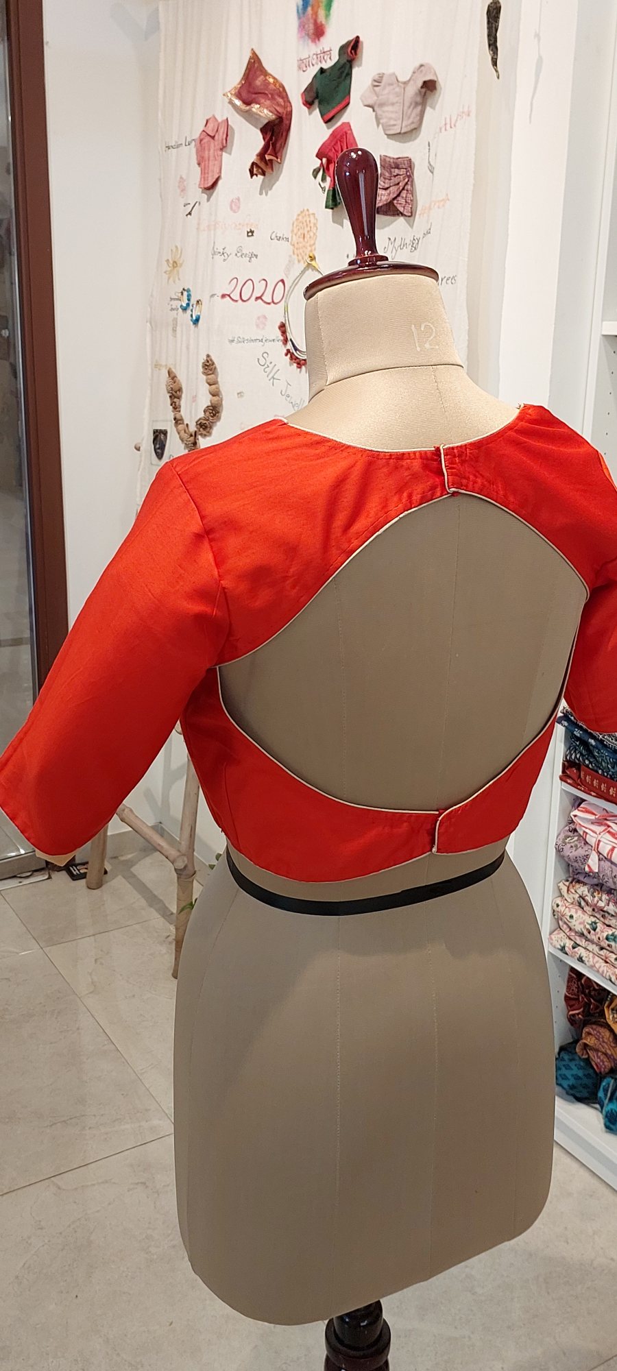 Tomato Red Glaze Cotton Sweetheart Neck Blouse