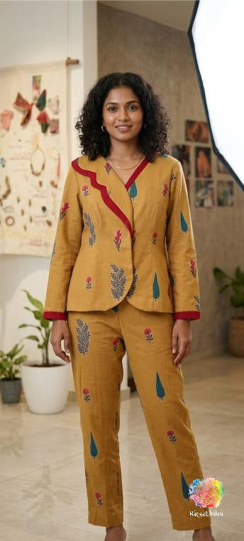 Mustard Floral Printed Cotton Co-Ord Set – Scalloped Lapel Blazer & Pant