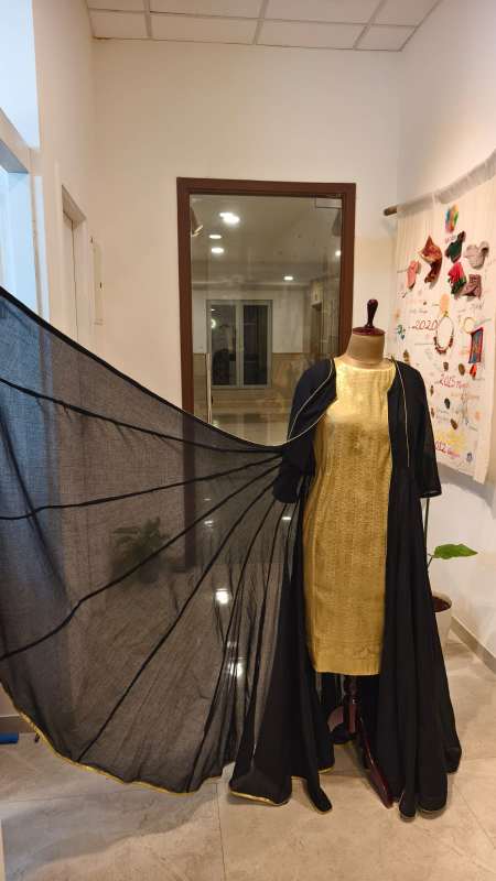 Regal Twilight: Golden Brocade Dress with black Mul Mul Cape