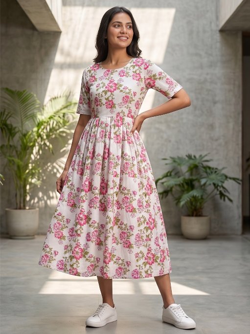 Pink Floral Dress With pockets
