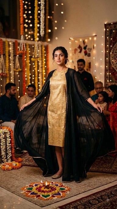Regal Twilight: Golden Brocade Dress with black Mul Mul Cape