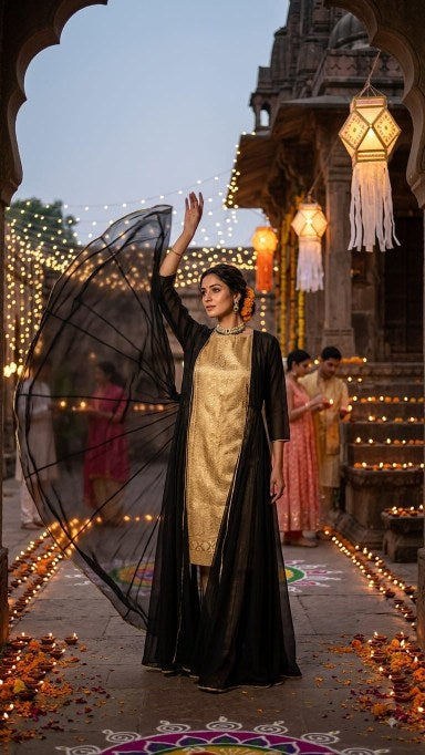 Regal Twilight: Golden Brocade Dress with black Mul Mul Cape