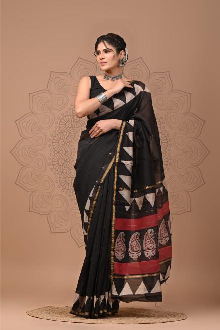 Black Block Chanderi Silk saree